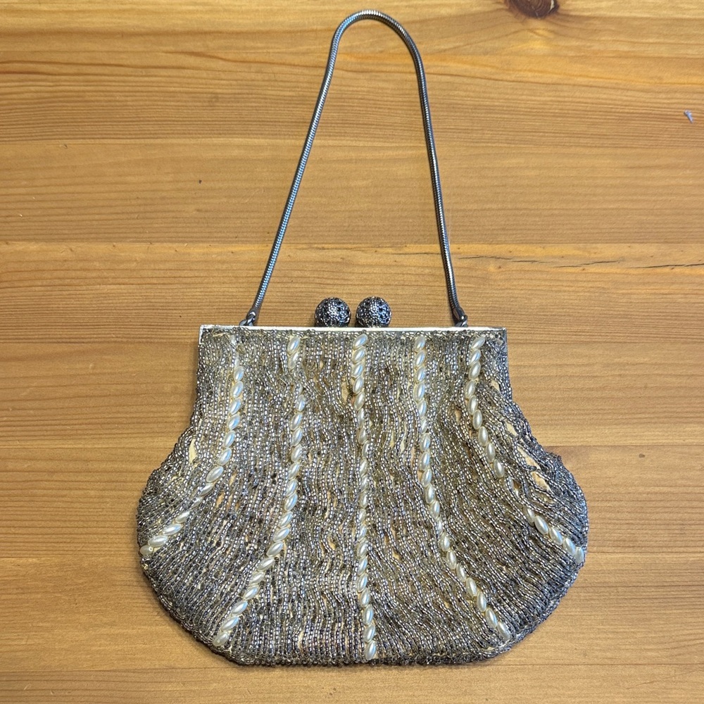 Vintage Silver Beaded and Pearl Evening Clutch